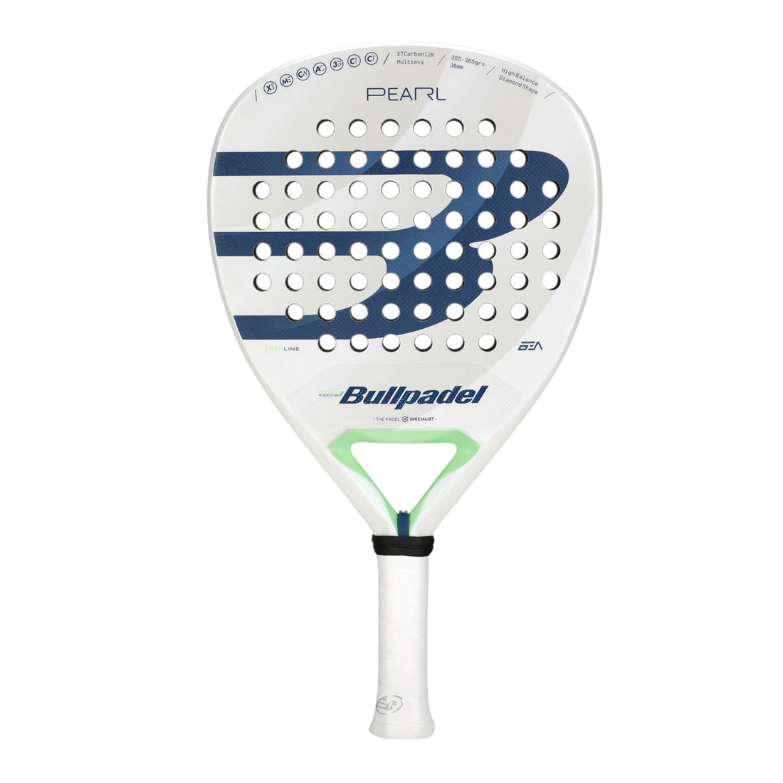Bullpadel Pearl 2025 diamond padel racket with a white and blue color scheme, featuring diamond-shaped frame and brand logos.