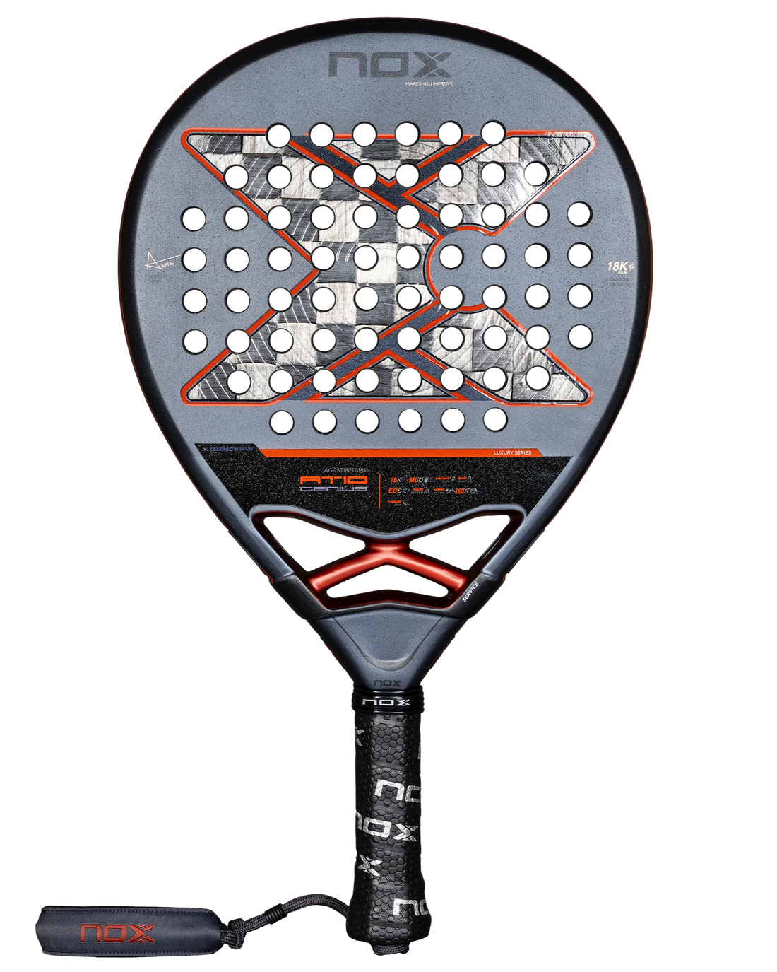 A Nox Agustín Tapia luxury padel racket with an octagonal cap and black and red color scheme, featuring EOS Flap technology.