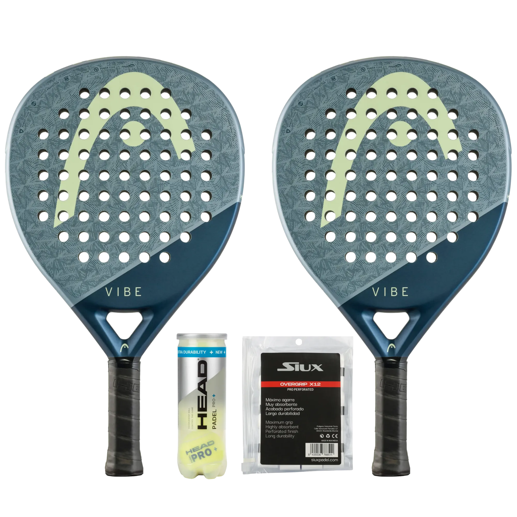 2-Player Padel Pack — two Head Vibe rackets, Head padel balls and Siux overgrips shown together