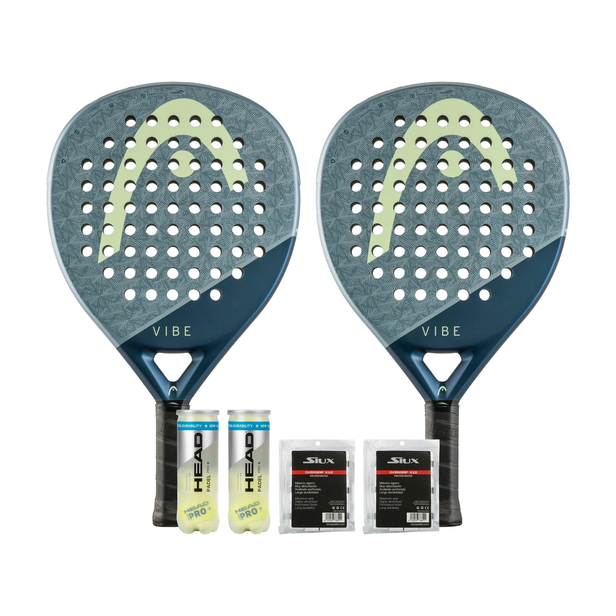 2-Player Padel Pack — two Head Vibe rackets, Head padel balls and Siux overgrips shown together