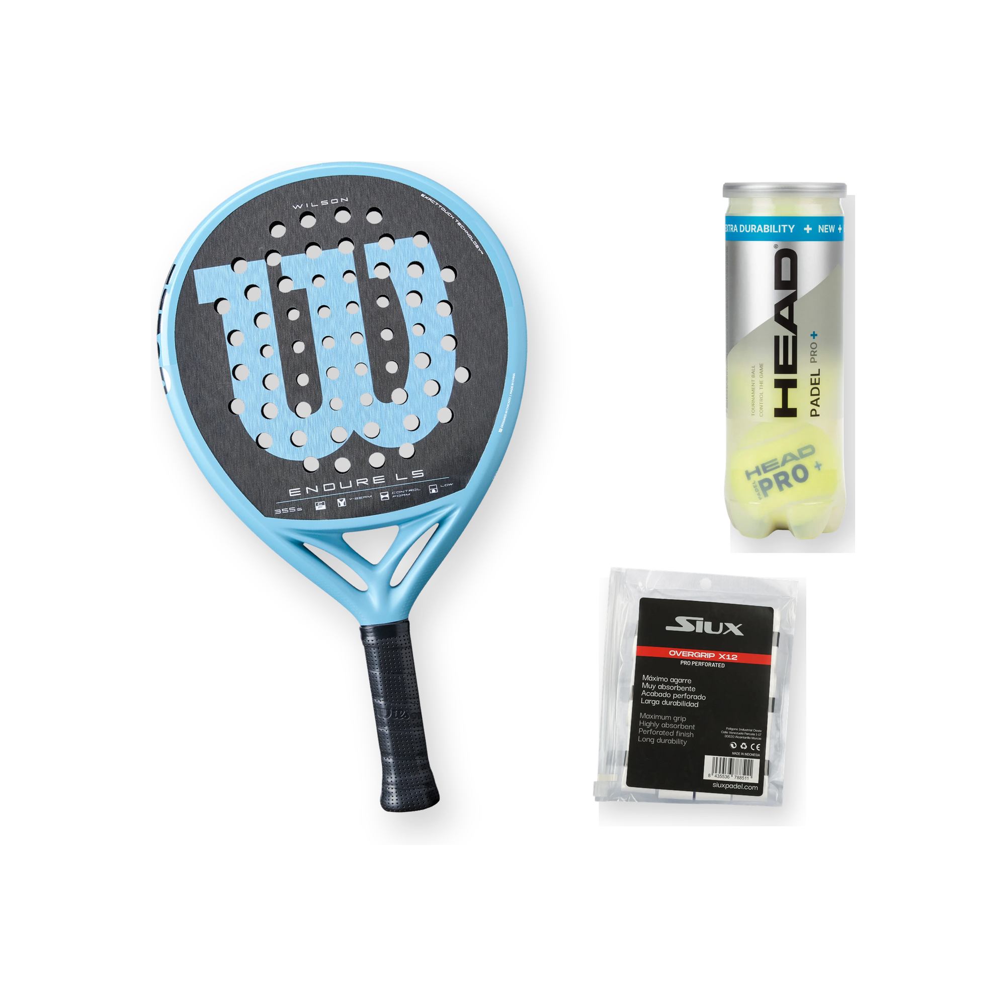 Premium Padel Pack — Wilson Endure racket, Head padel balls and Siux overgrips shown together