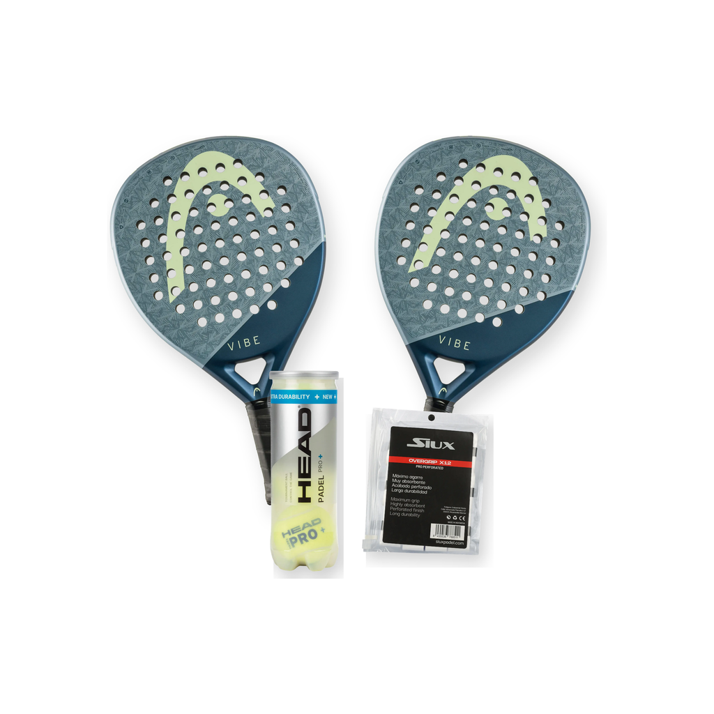2-Player Padel Pack — two Head Vibe rackets, Head padel balls and Siux overgrips shown together