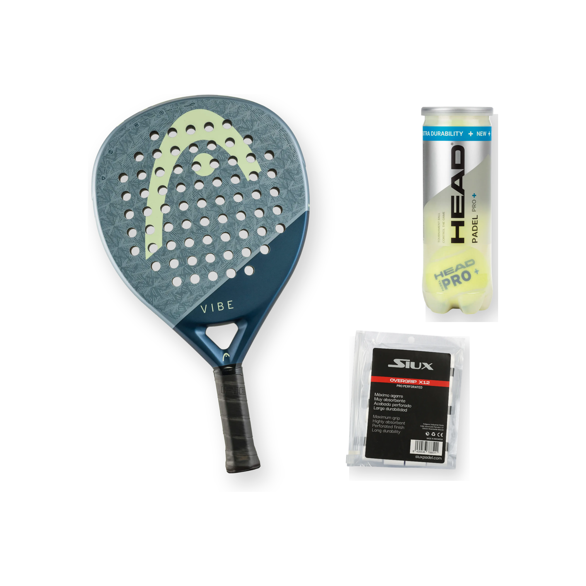 Beginner Padel Pack — Head Vibe racket, Head padel balls and Siux overgrips shown together