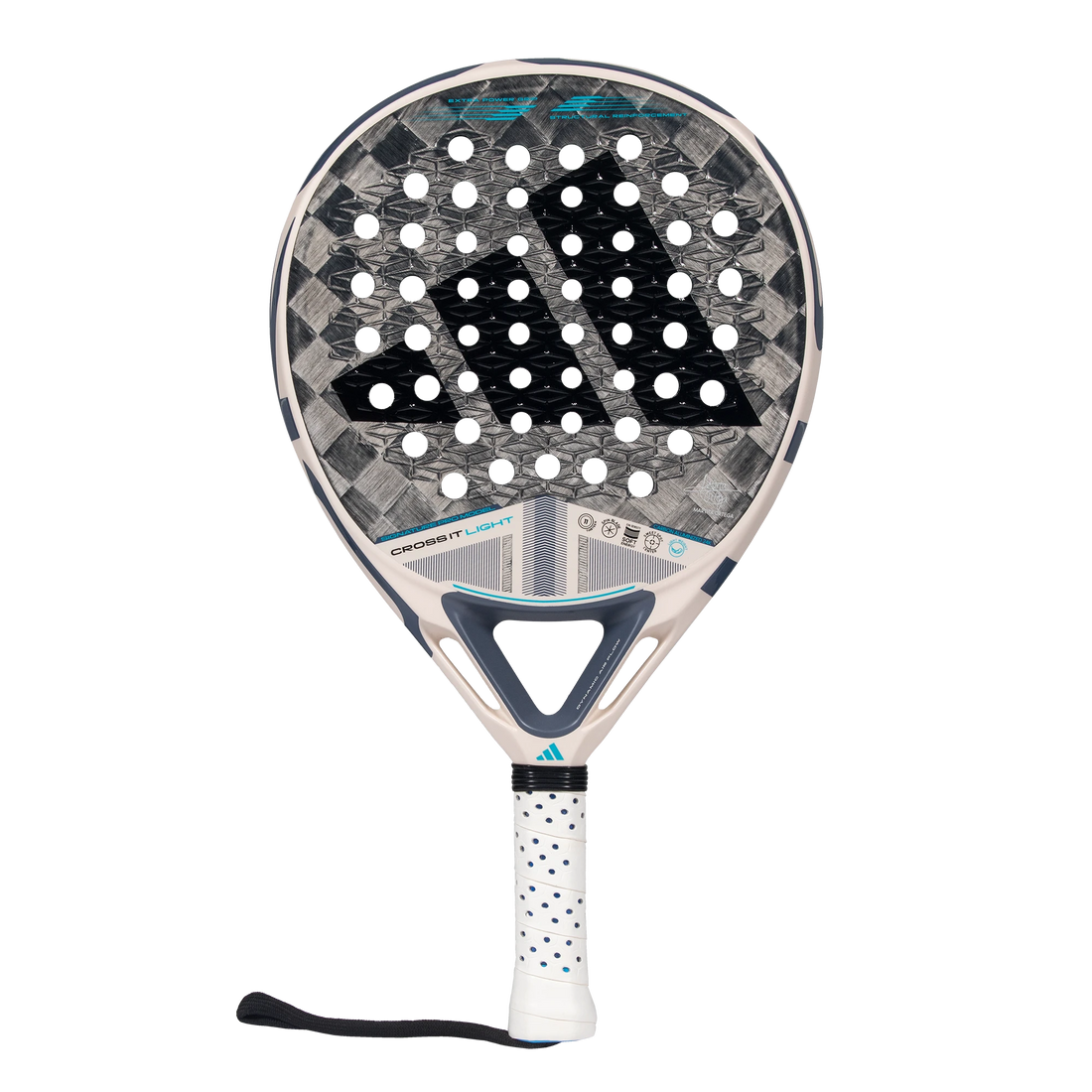 Adidas Cross It Light 3.4 padel racket with a white grip, black and gray body, and blue accents.