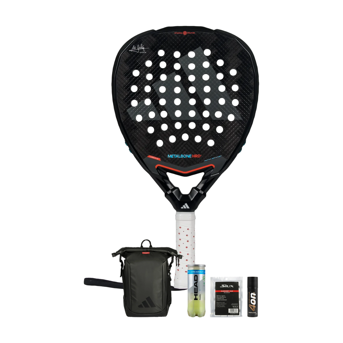 Alejandro Galán Signature Pack — Adidas Metalbone HRD+ racket, Adidas bag, 4on TotalGrip spray, Head balls and Siux overgrips