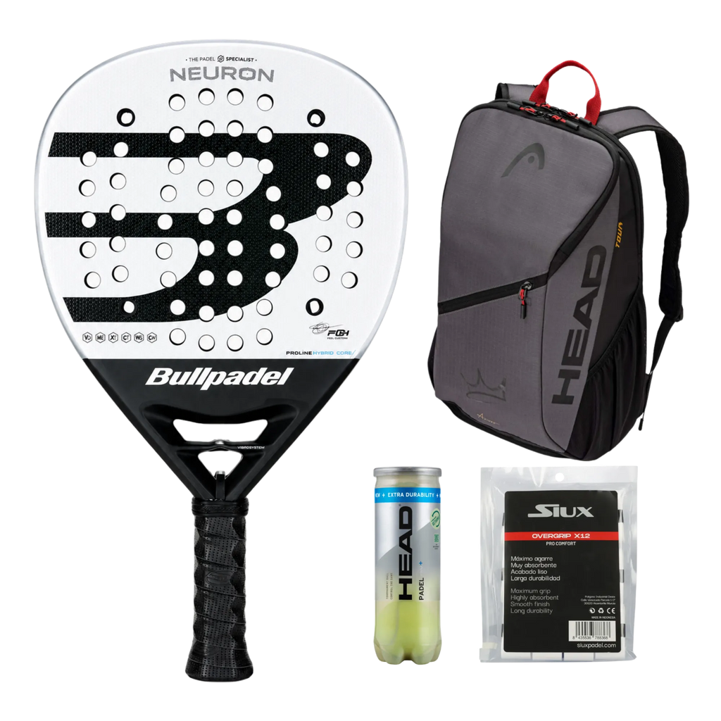 All-Around Padel Pack — Bullpadel Neuron racket, Head Coello backpack, Head balls and Siux grips