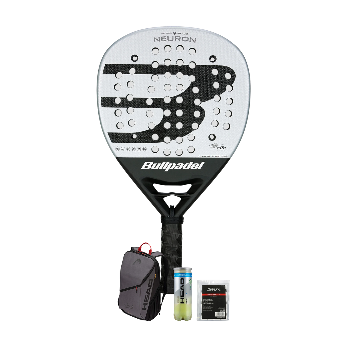 All-Around Padel Pack — Bullpadel Neuron racket, Head Coello backpack, Head balls and Siux grips