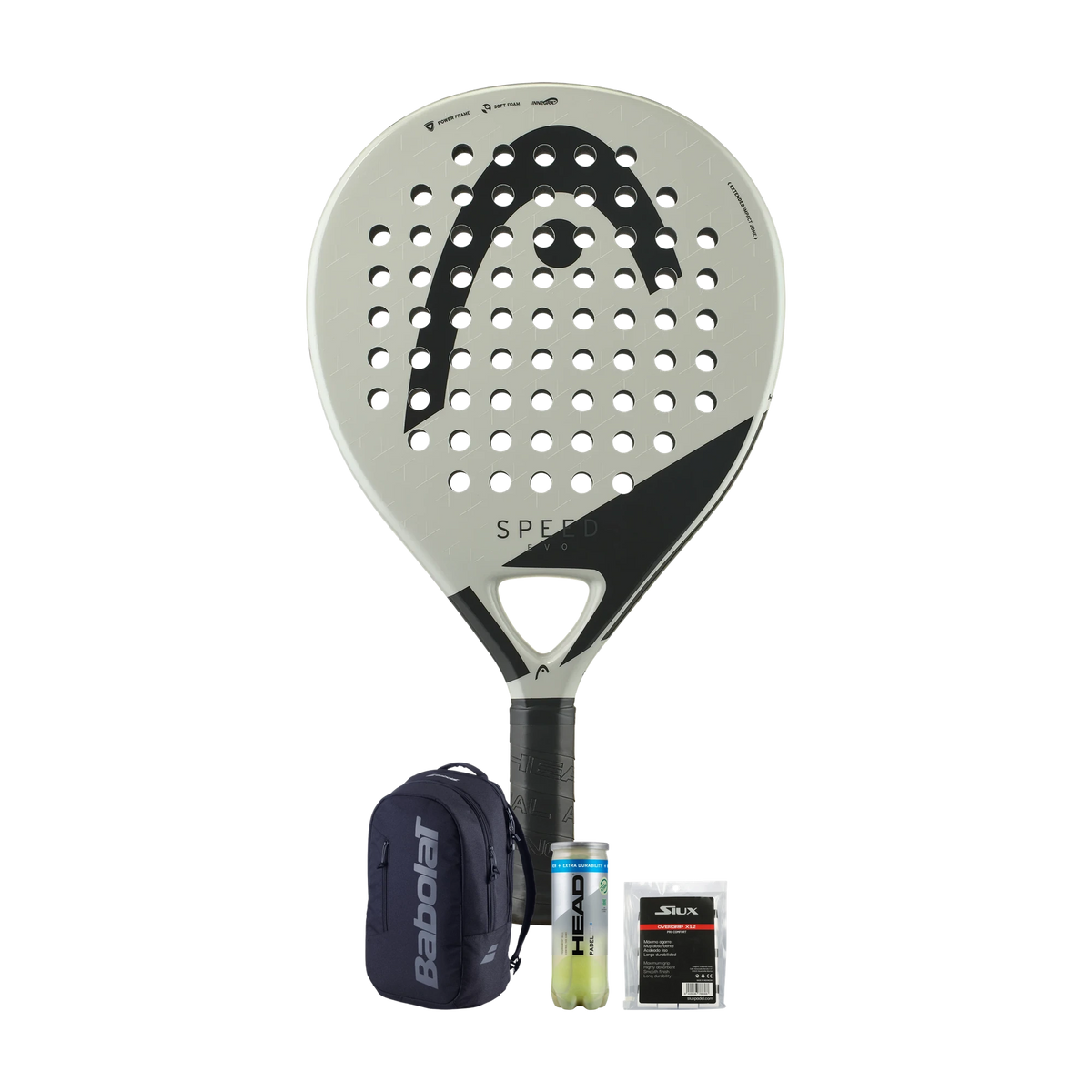 Arm-Friendly Padel Pack — Head Evo Speed racket, Babolat COURT Backpack LITE, Head balls and Siux overgrips