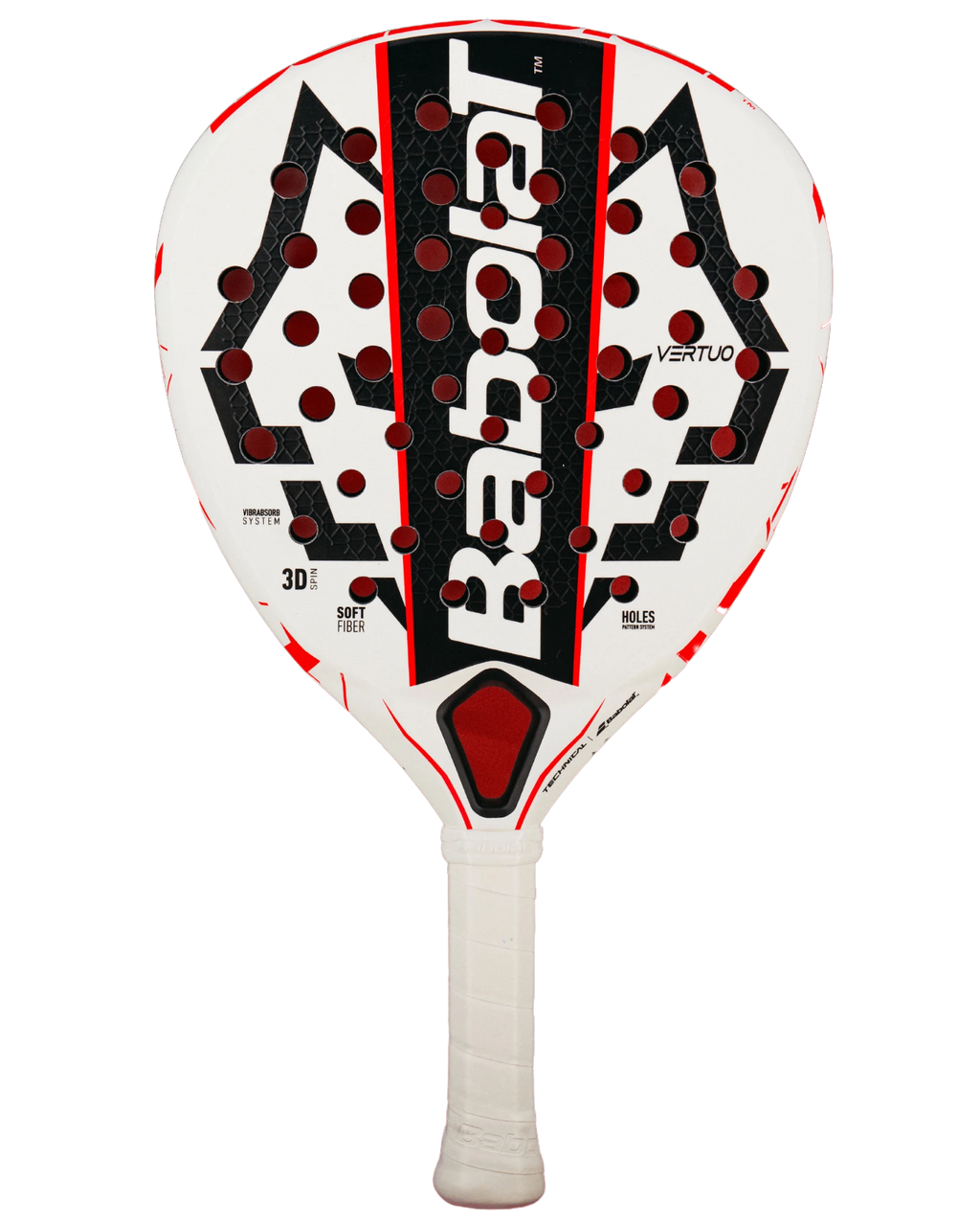 Babolat Technical VERTUO Juan Lebron 2025 padel racket with white, red, and black design, featuring large central branding and perforated face.