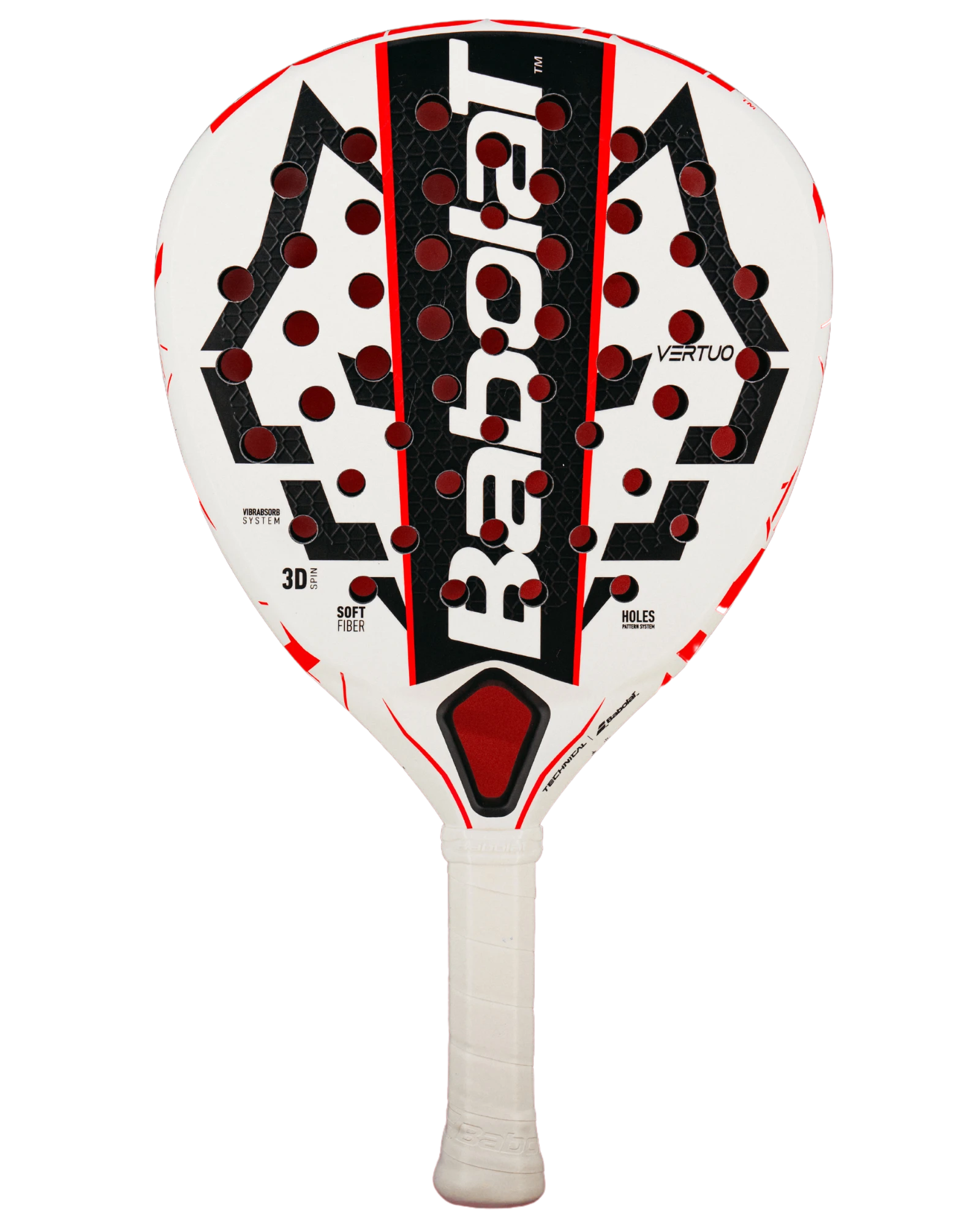 Babolat Technical VERTUO Juan Lebron 2025 padel racket with white, red, and black design, featuring large central branding and perforated face.
