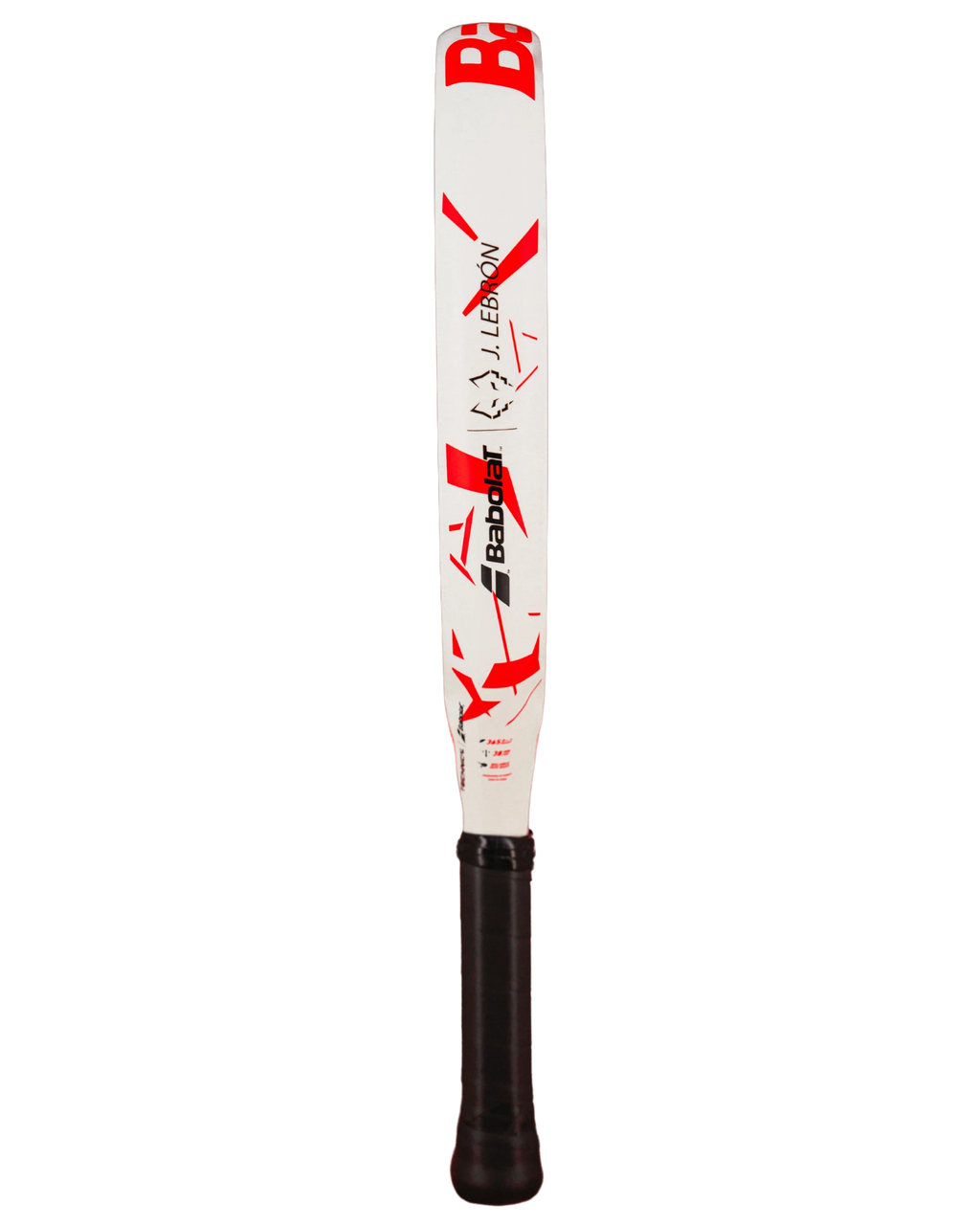 Side view of Babolat Technical VERTUO Juan Lebron 2025 padel racket showing sleek white frame with red accents and Juan Lebron signature branding.