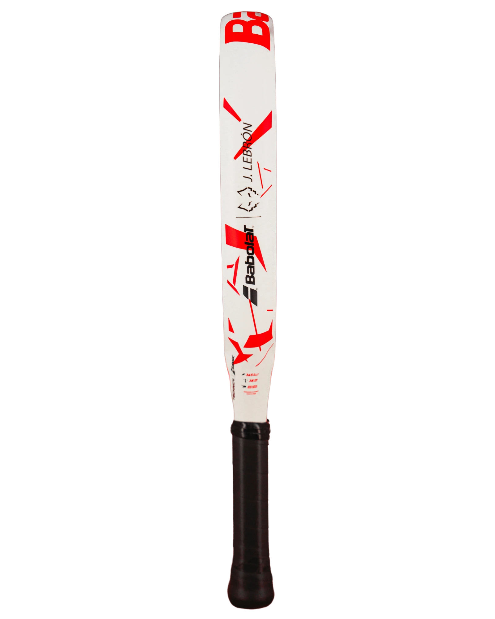 Side view of Babolat Technical VERTUO Juan Lebron 2025 padel racket showing sleek white frame with red accents and Juan Lebron signature branding.