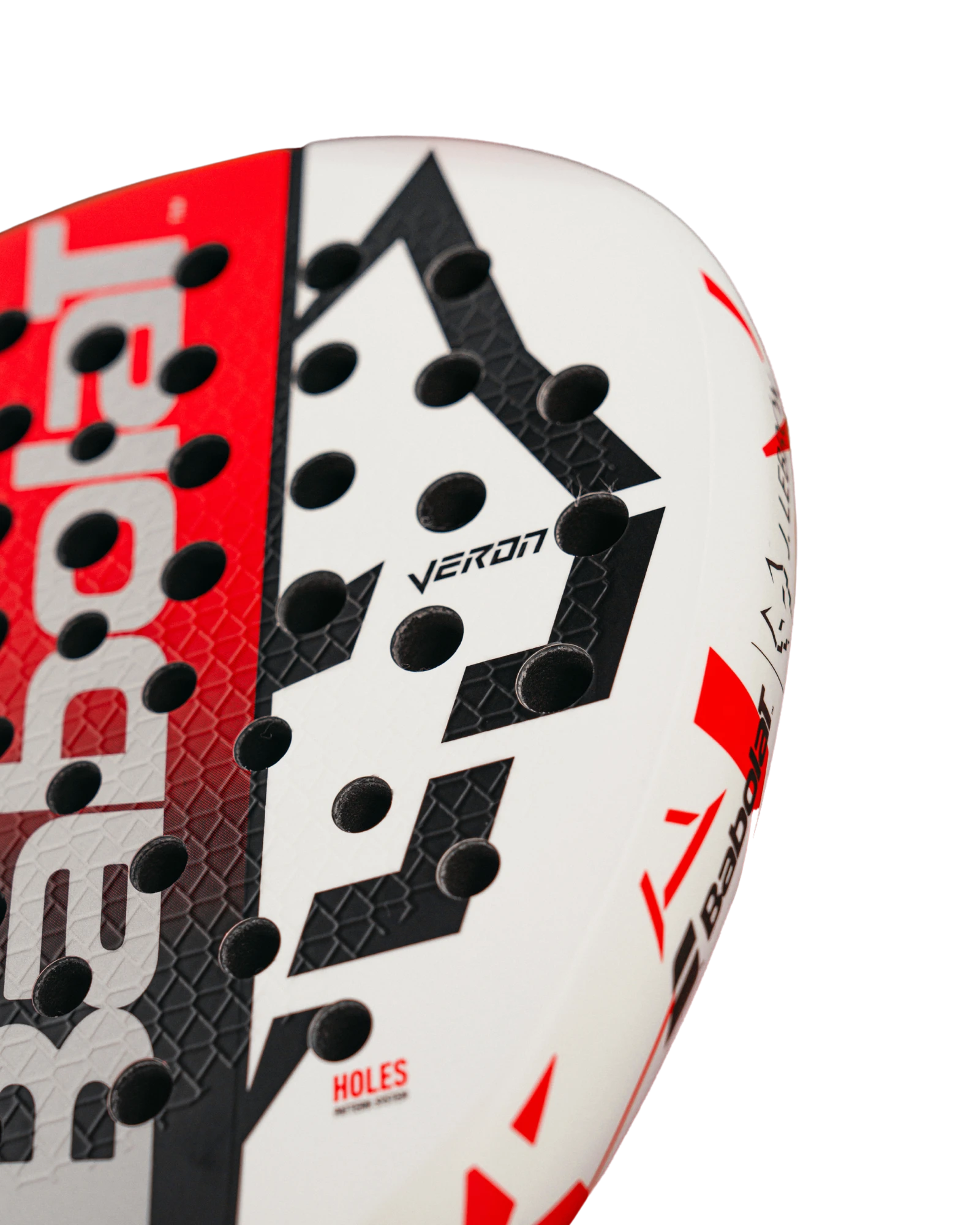 Close-up of Babolat Technical VERTUO Juan Lebron 2025 padel racket face showing perforated surface and Veron branding for enhanced spin control.