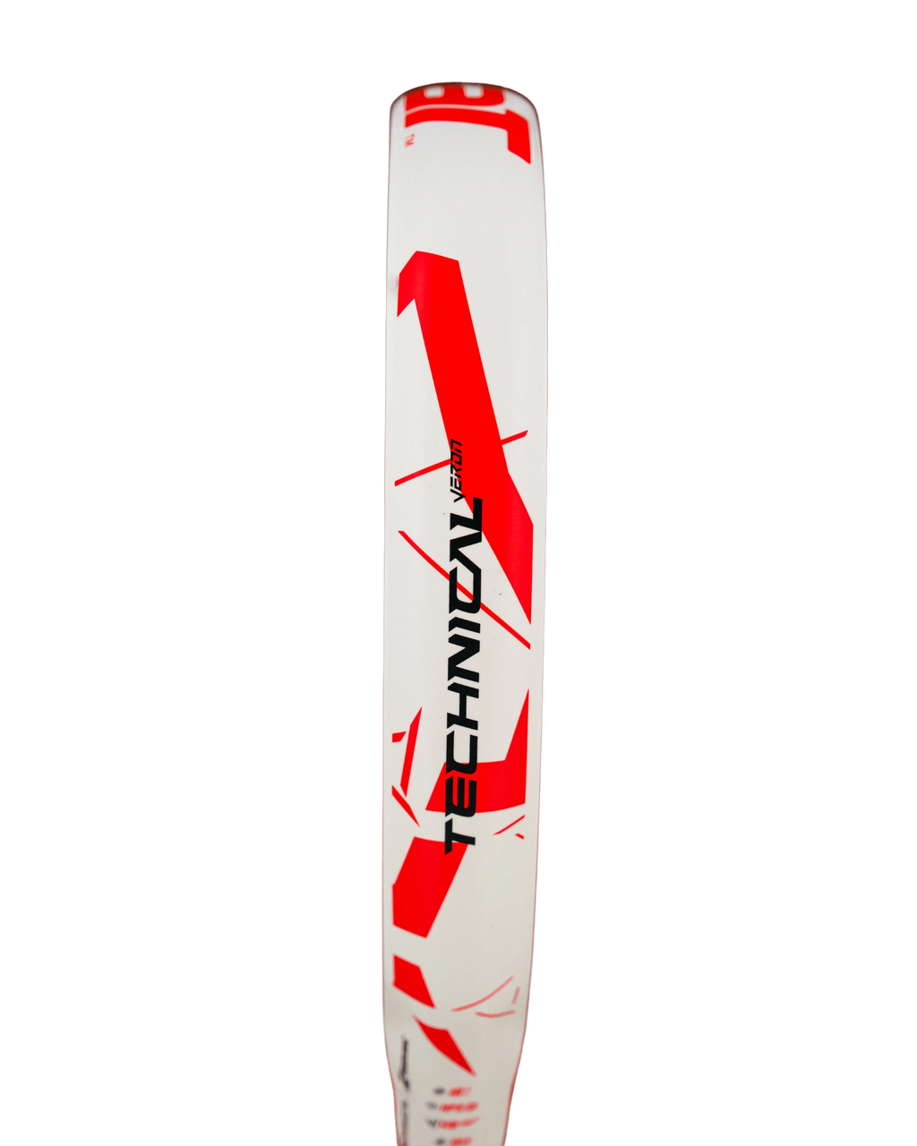Side profile of Babolat Technical VERTUO Juan Lebron 2025 padel racket with bold red 'Technical' graphics on white frame for advanced performance.
