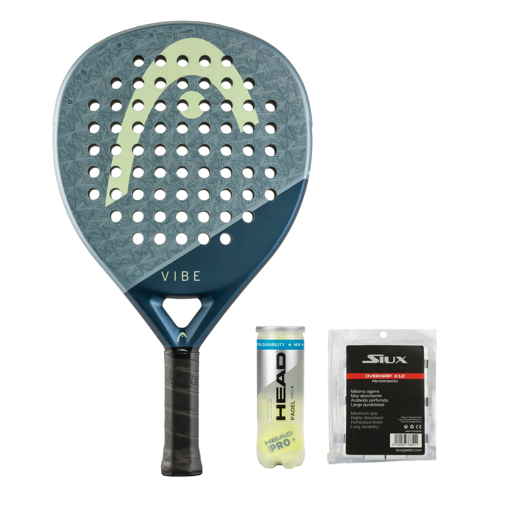 Beginner Padel Pack — Head Vibe racket, Head padel balls and Siux overgrips shown together