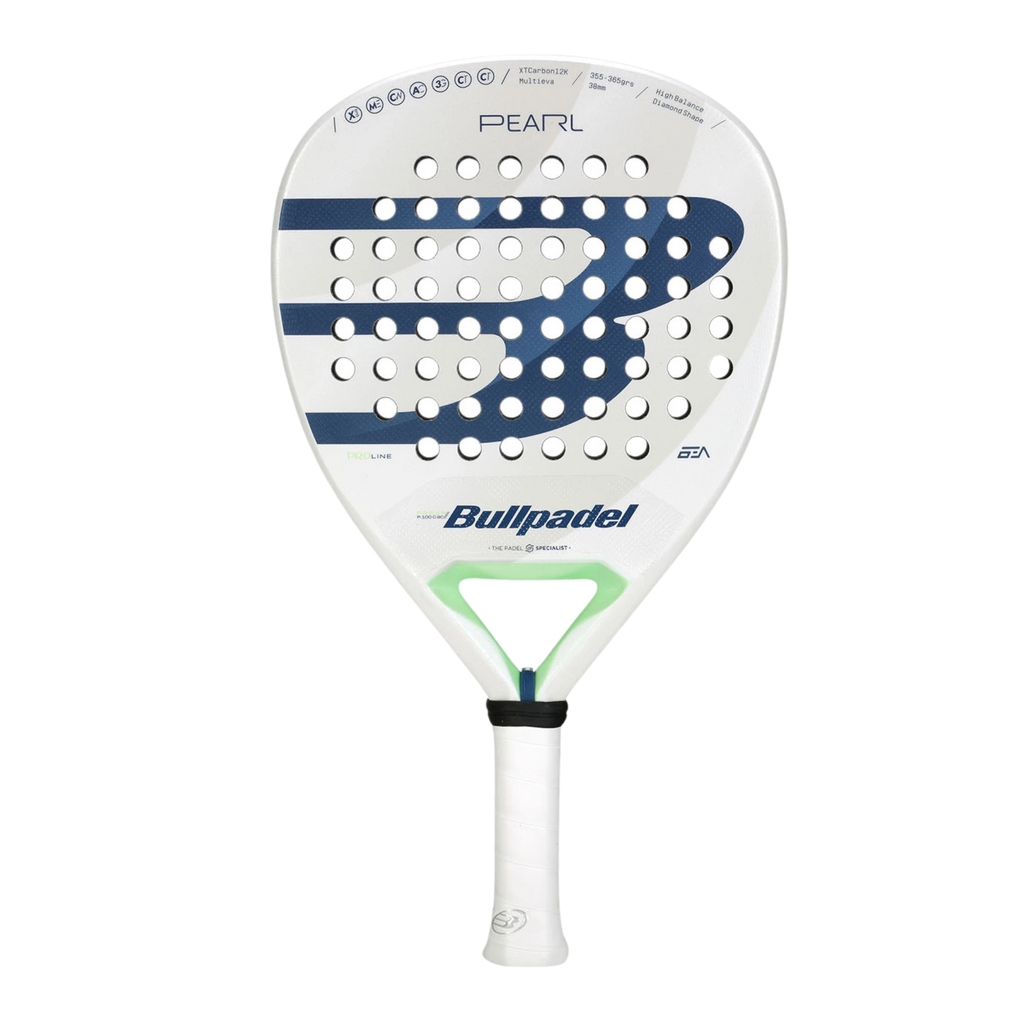 Bullpadel Pearl 2025 padel racket with a white and blue color scheme, featuring diamond-shaped frame and brand logos.