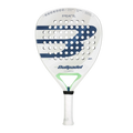 Bullpadel Pearl 2025 padel racket with a white and blue color scheme, featuring diamond-shaped frame and brand logos.