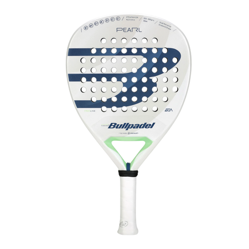 Bullpadel Pearl 2025 padel racket with a white and blue color scheme, featuring diamond-shaped frame and brand logos.