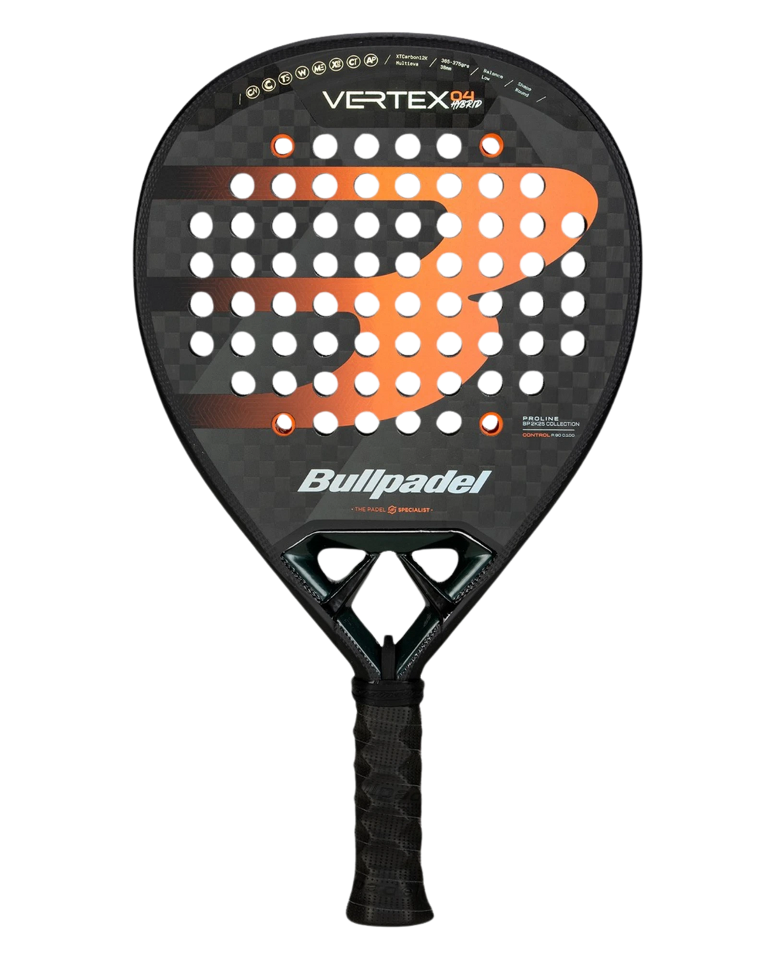 Bullpadel Vertex 04 Hybrid 2025 padel tennis racket with black and orange design elements.
