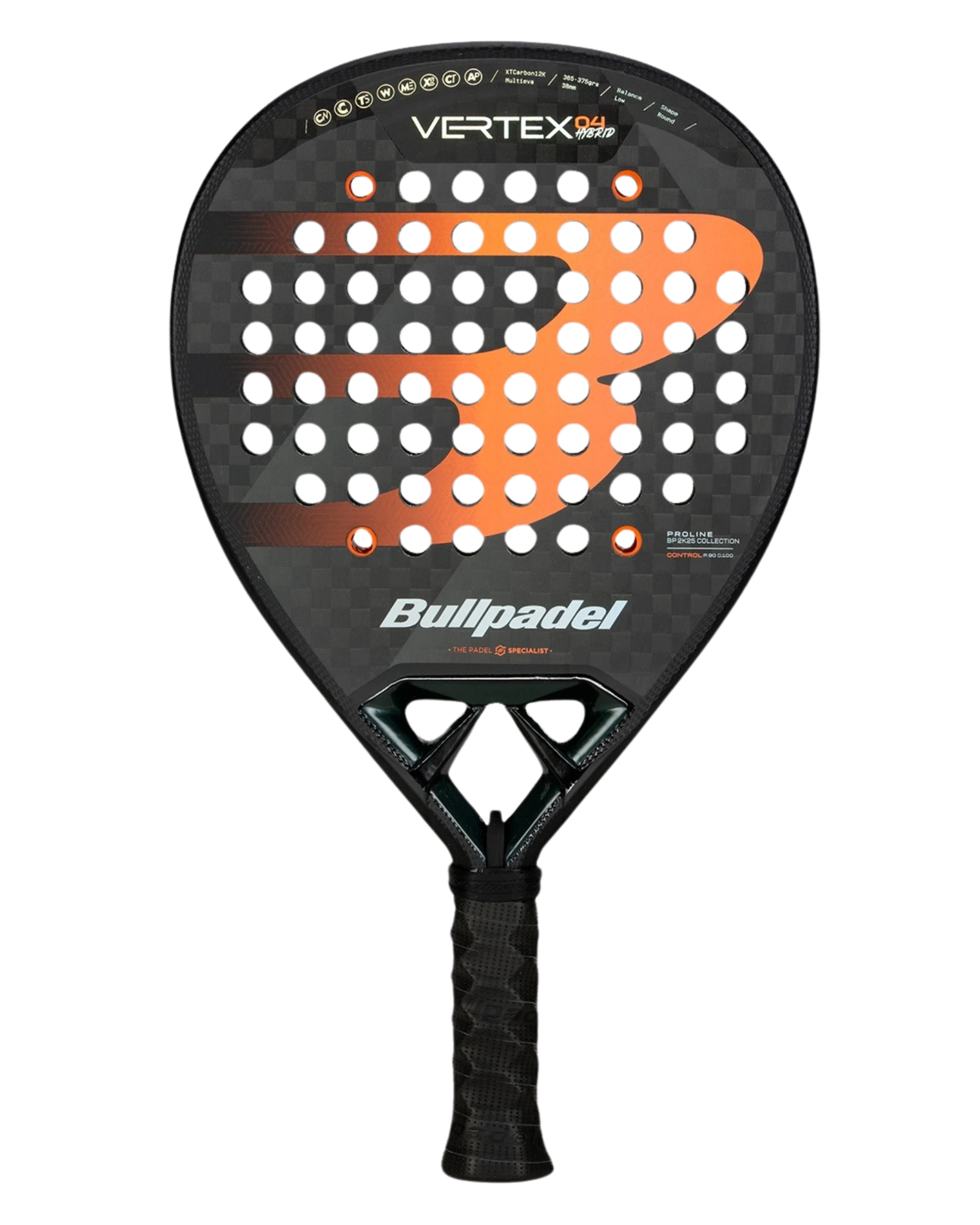 Bullpadel Vertex 04 Hybrid 2025 paddle tennis racket with black and orange design elements.