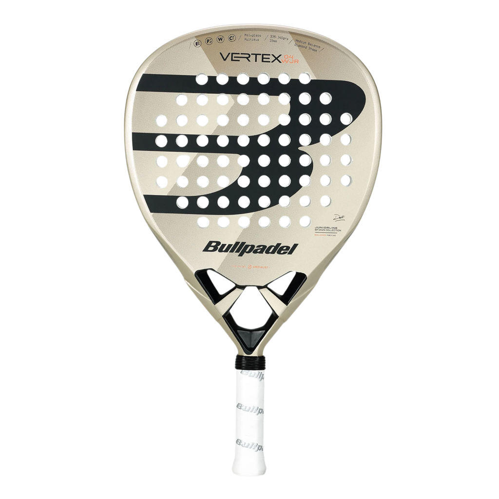 A Bullpadel Vertex W Junior 2025 padel racket with a predominantly white surface featuring black and gold accents, and the Bullpadel brand logo.