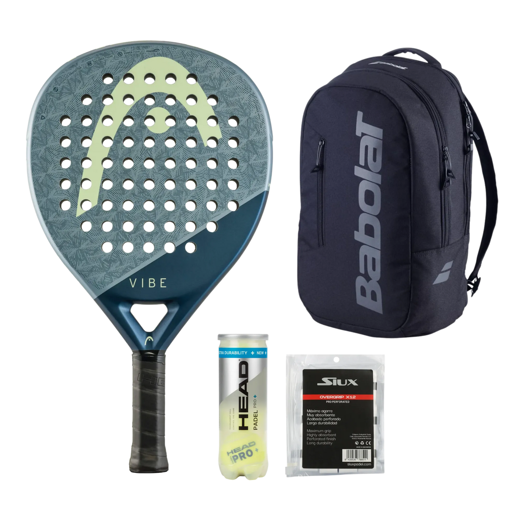 Complete Padel Pack — Head Vibe racket, Babolat backpack, Head padel balls and Siux overgrips shown together
