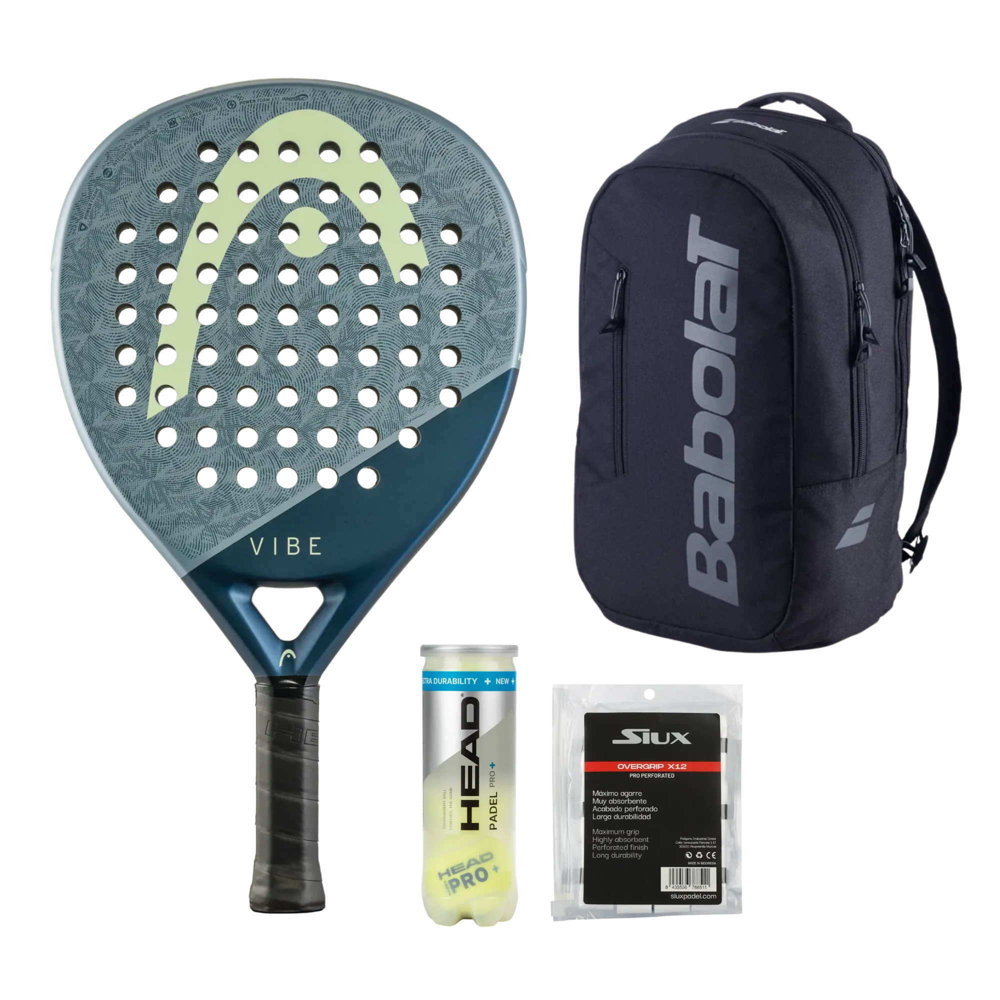 Complete Padel Pack — Head Vibe racket, Babolat backpack, Head padel balls and Siux overgrips shown together
