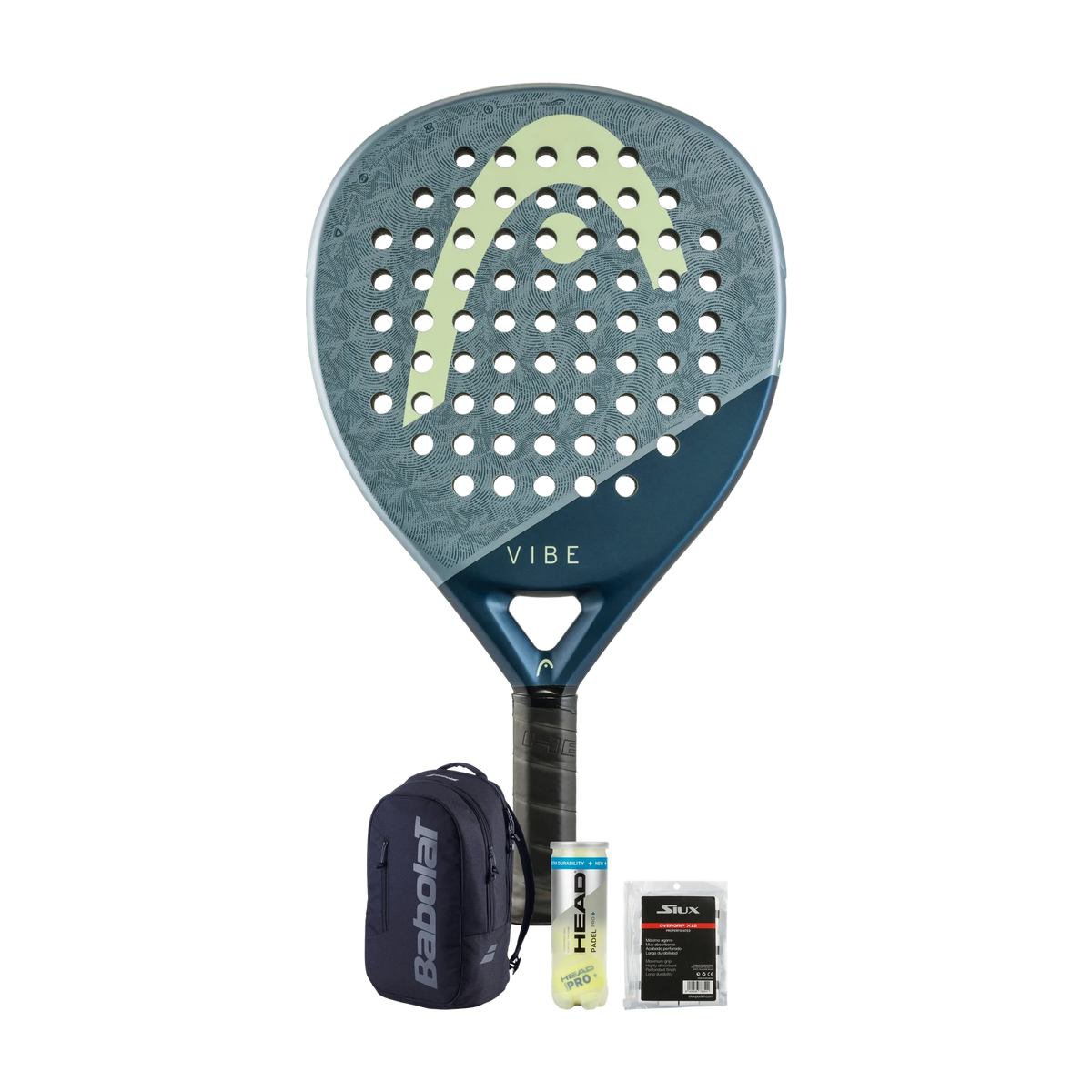 Complete Padel Pack — Head Vibe racket, Babolat backpack, Head padel balls and Siux overgrips shown together