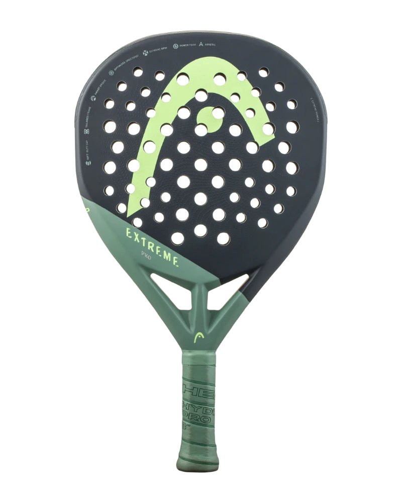 HEAD Extreme Pro Padel Racket with a green handle and black body with white dot pattern on the surface.