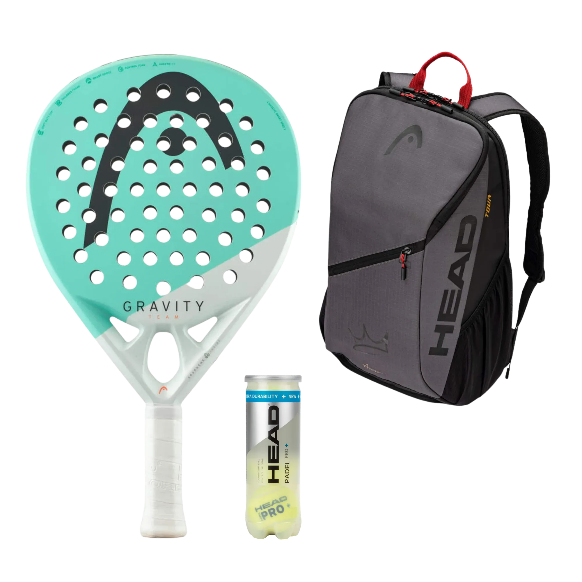 Head Padel Pack — Head Gravity Team racket, Head backpack and Head balls shown together