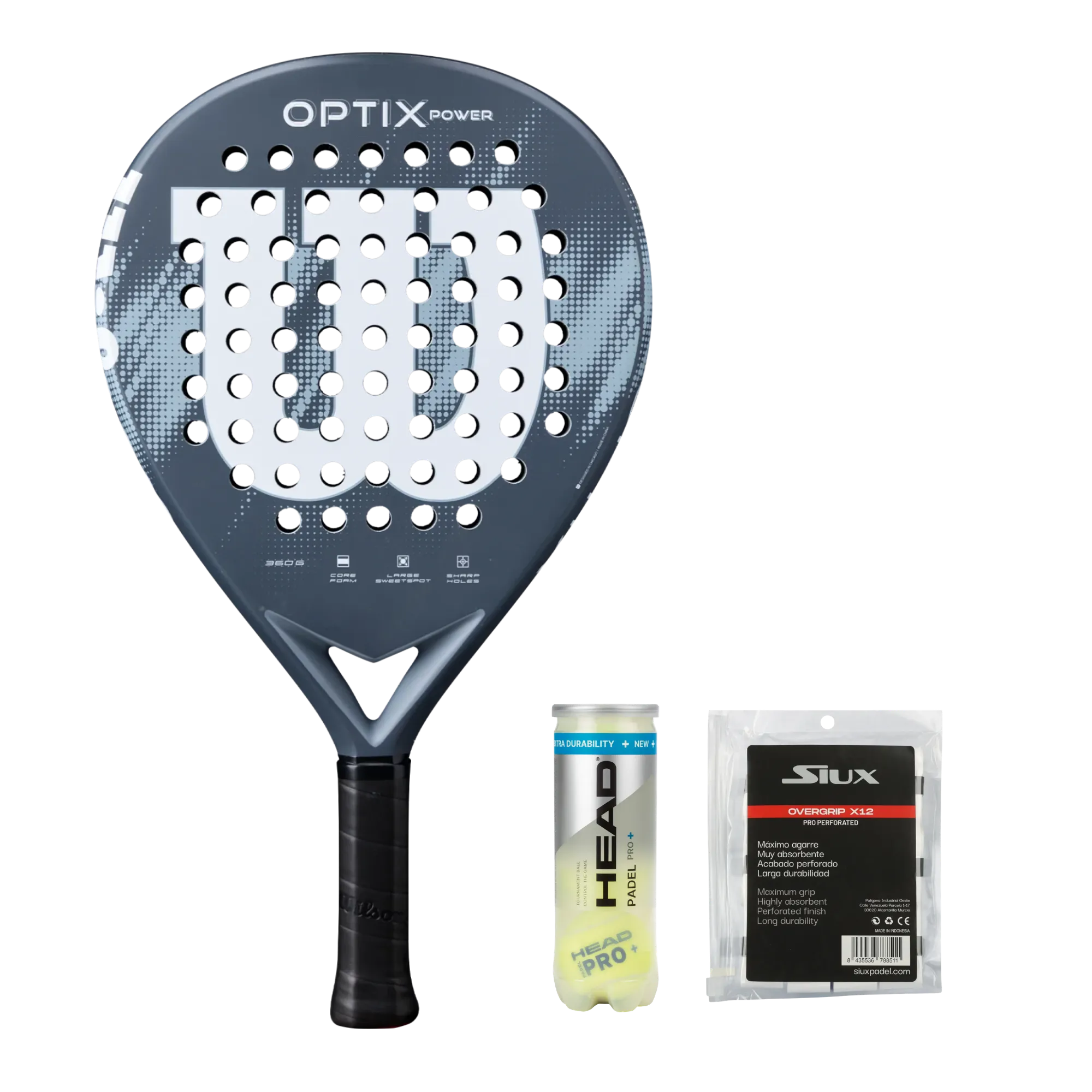 Intermediate Padel Pack — Wilson Optix racket, Head padel balls and Siux overgrips shown together