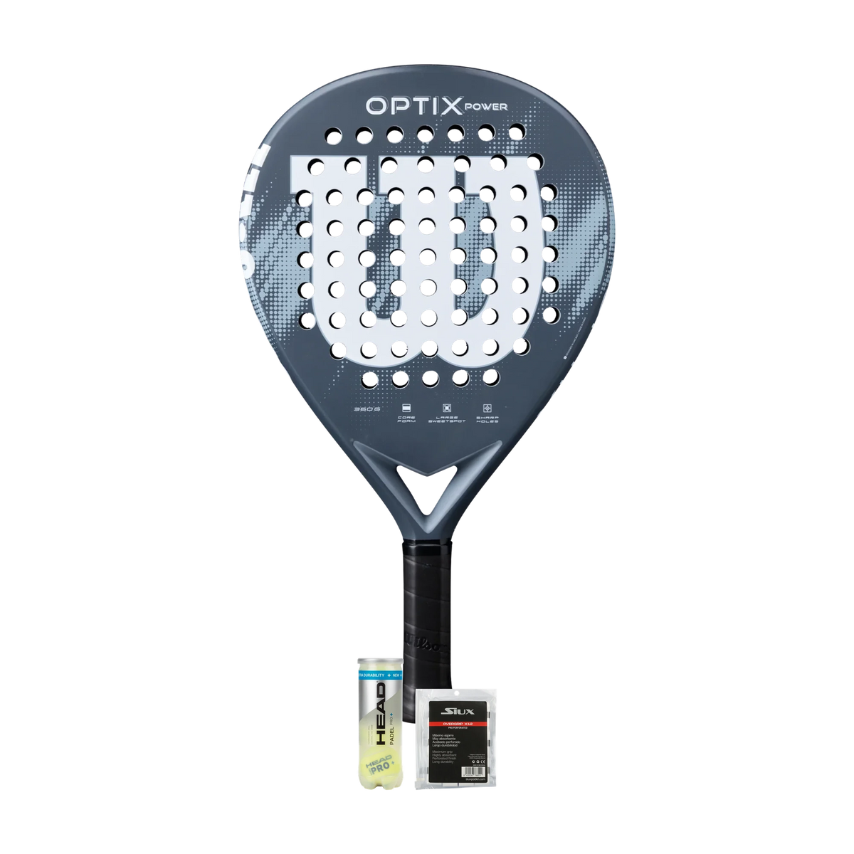 Intermediate Padel Pack — Wilson Optix racket, Head padel balls and Siux overgrips shown together