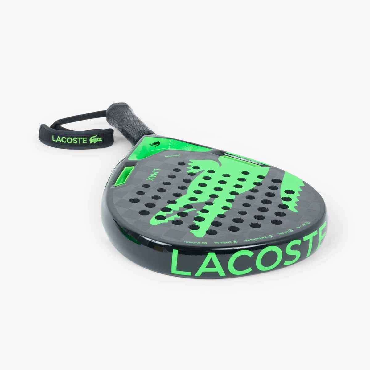 Lacoste L-Max padel racket, complete diagonal crown-first studio view