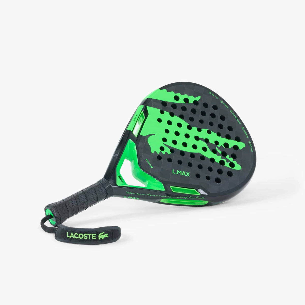 Lacoste L-Max padel racket, complete diagonal handle-first studio view