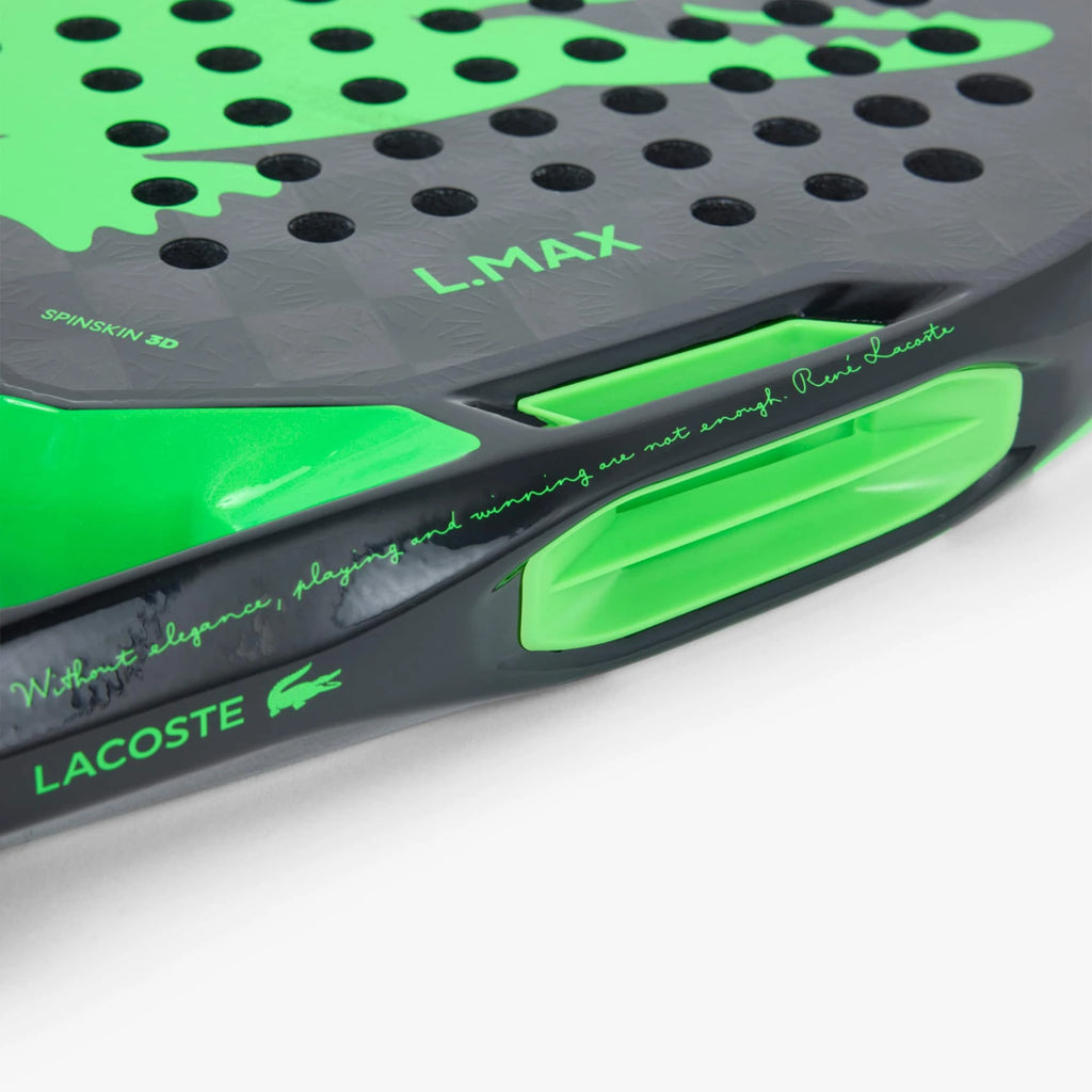 Lacoste L-Max padel racket, face and sidewall detail near the throat
