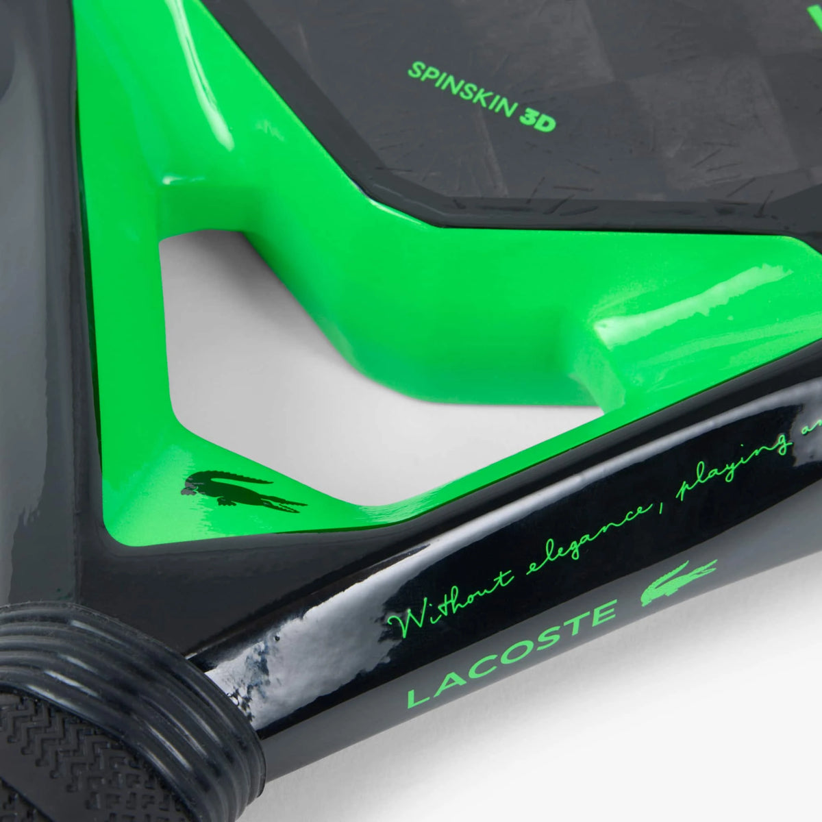 Lacoste L-Max padel racket, throat and bridge close-up with SPIN SKIN 3D lettering