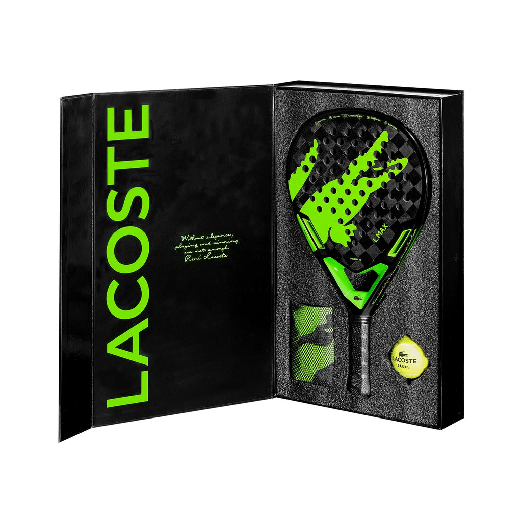 Lacoste L-Max padel racket, open presentation box with racket, cover and yellow ball