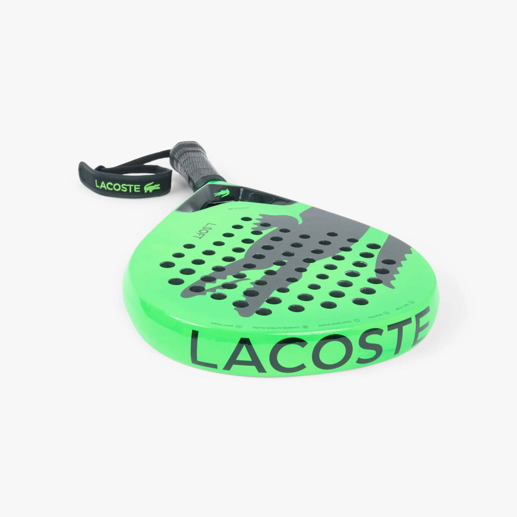 Lacoste L-Soft padel racket, complete diagonal crown-first studio view