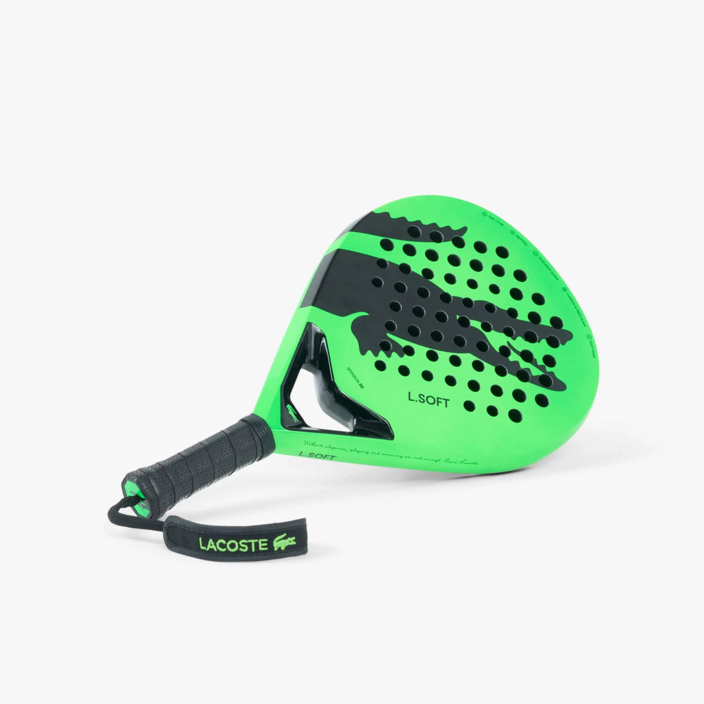 Lacoste L-Soft padel racket, complete diagonal handle-first studio view