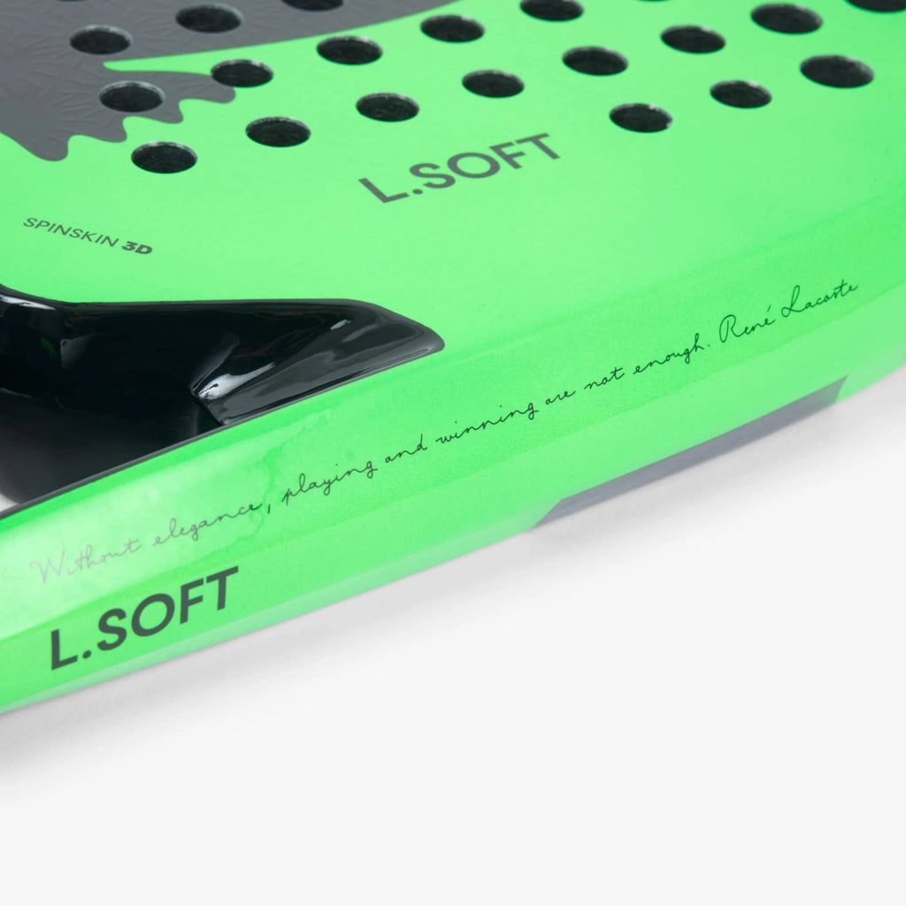 Lacoste L-Soft padel racket, face and sidewall detail near the throat