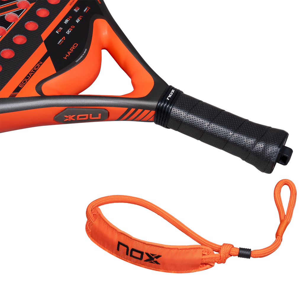 Nox Equation Hard Advanced 2027 padel racket, handle and wrist strap detail