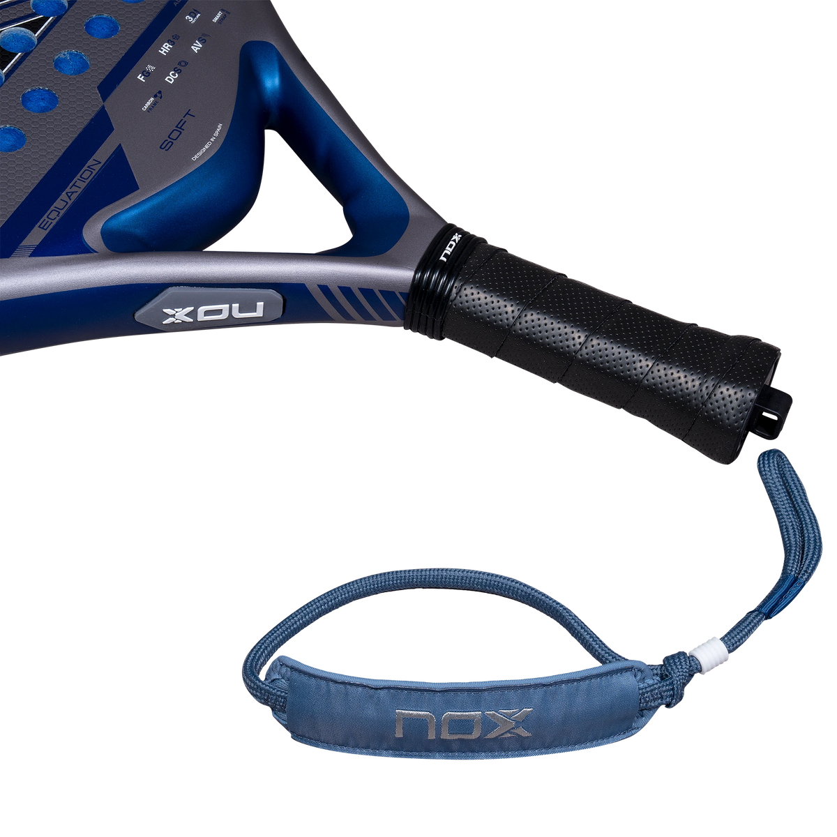 Nox Equation Soft Advanced 2027 padel racket, handle and wrist strap detail