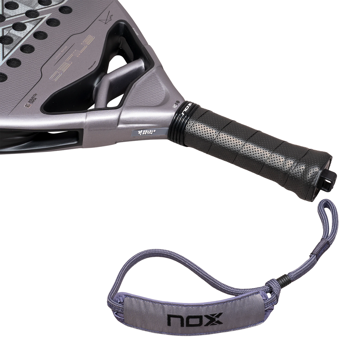 Nox Genius 18K Alum 2027 by Agustín Tapia padel racket, handle and wrist strap detail