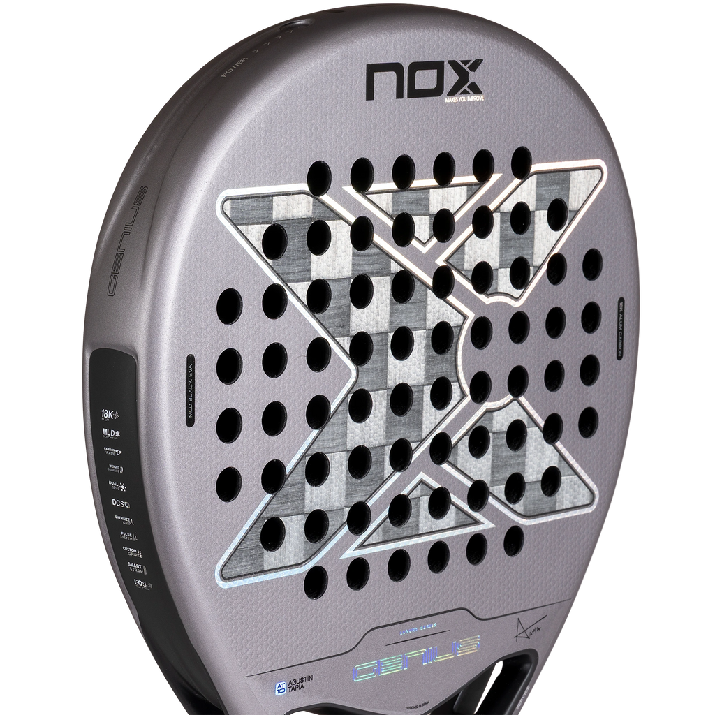 Nox Genius 18K Alum 2027 by Agustín Tapia padel racket, upper face detail