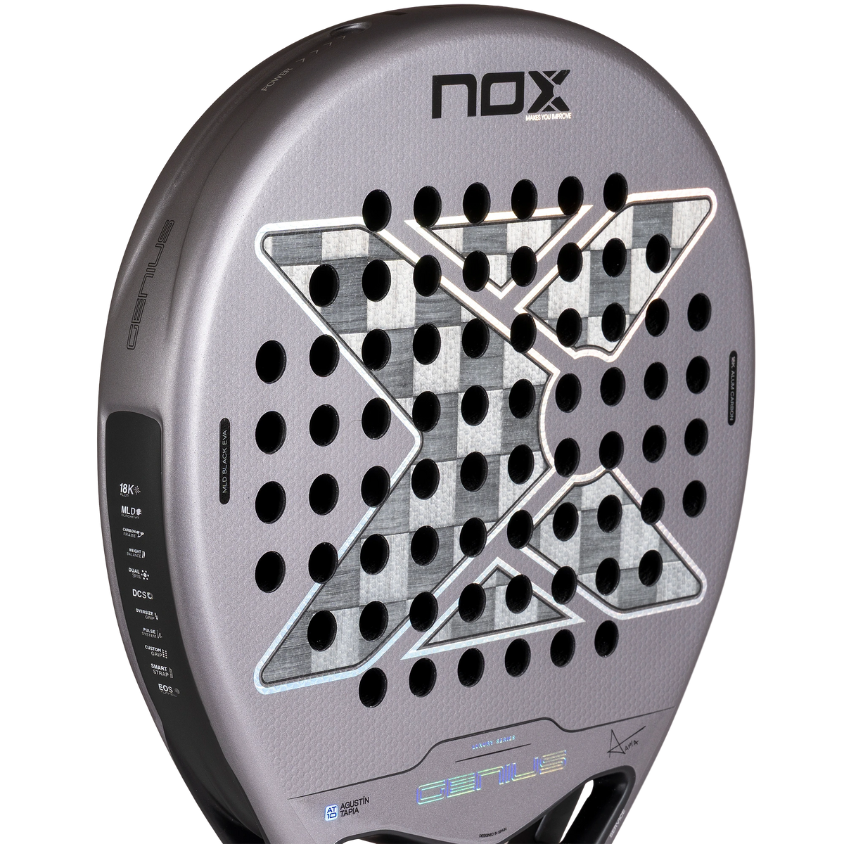 Nox Genius 18K Alum 2027 by Agustín Tapia padel racket, upper face detail