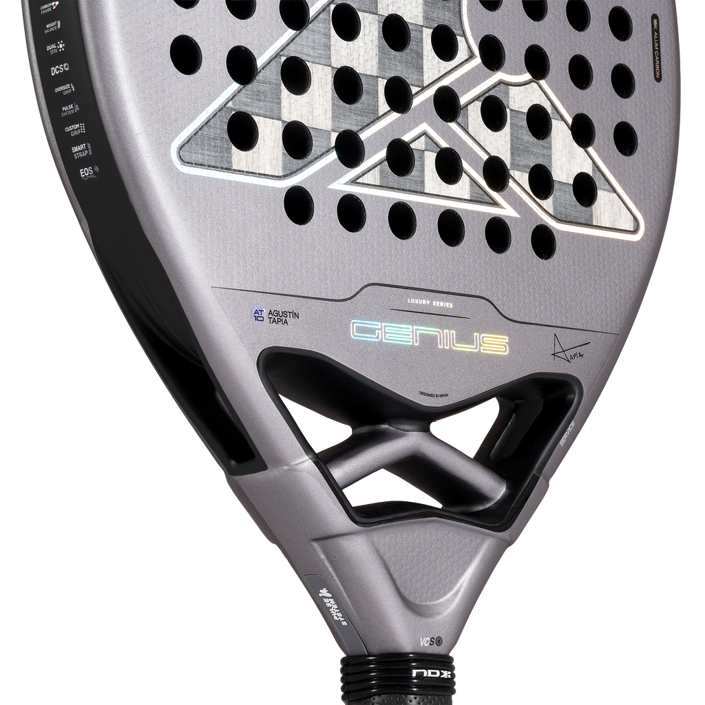 Nox Genius 18K Alum 2027 by Agustín Tapia padel racket, lower face and throat detail