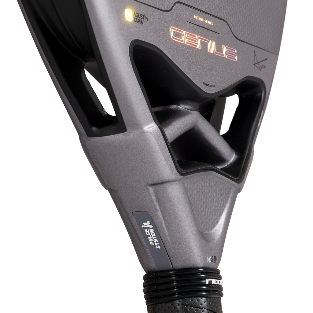 Nox Genius 18K Alum 2027 by Agustín Tapia padel racket, bridge and grip detail