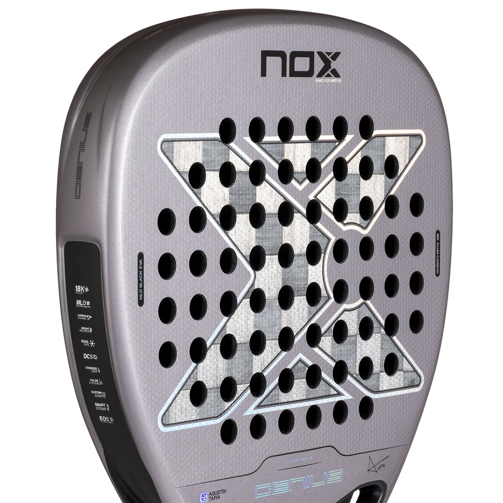Nox Genius Attack 18K Alum 2027 by Agustín Tapia padel racket, upper face detail