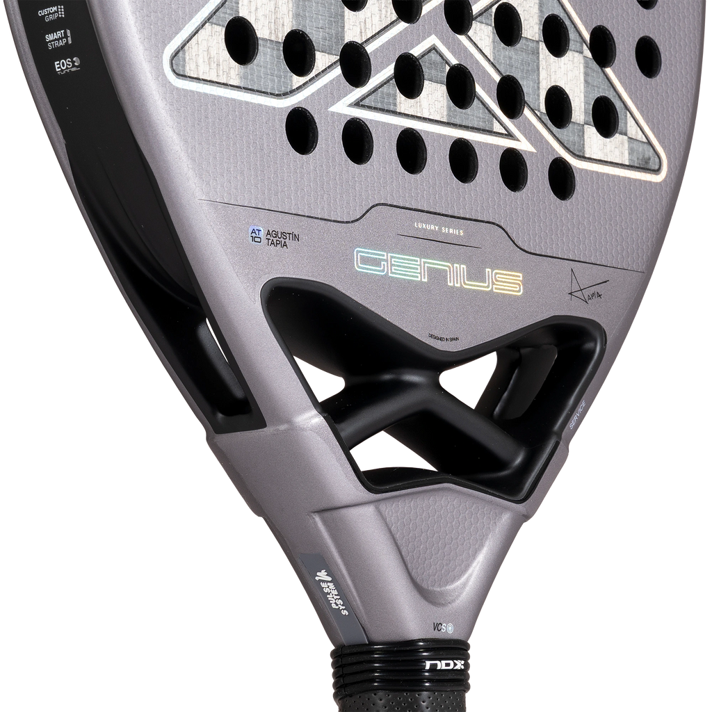 Nox Genius Attack 18K Alum 2027 by Agustín Tapia padel racket, lower face and throat detail