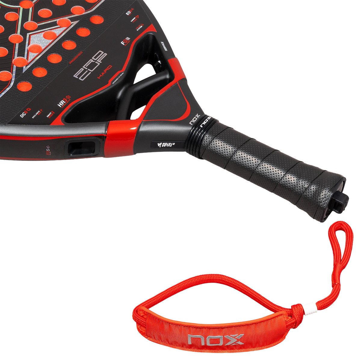 Nox Pro Cup Hard 2027 by Agustín Tapia padel racket, handle and wrist strap detail